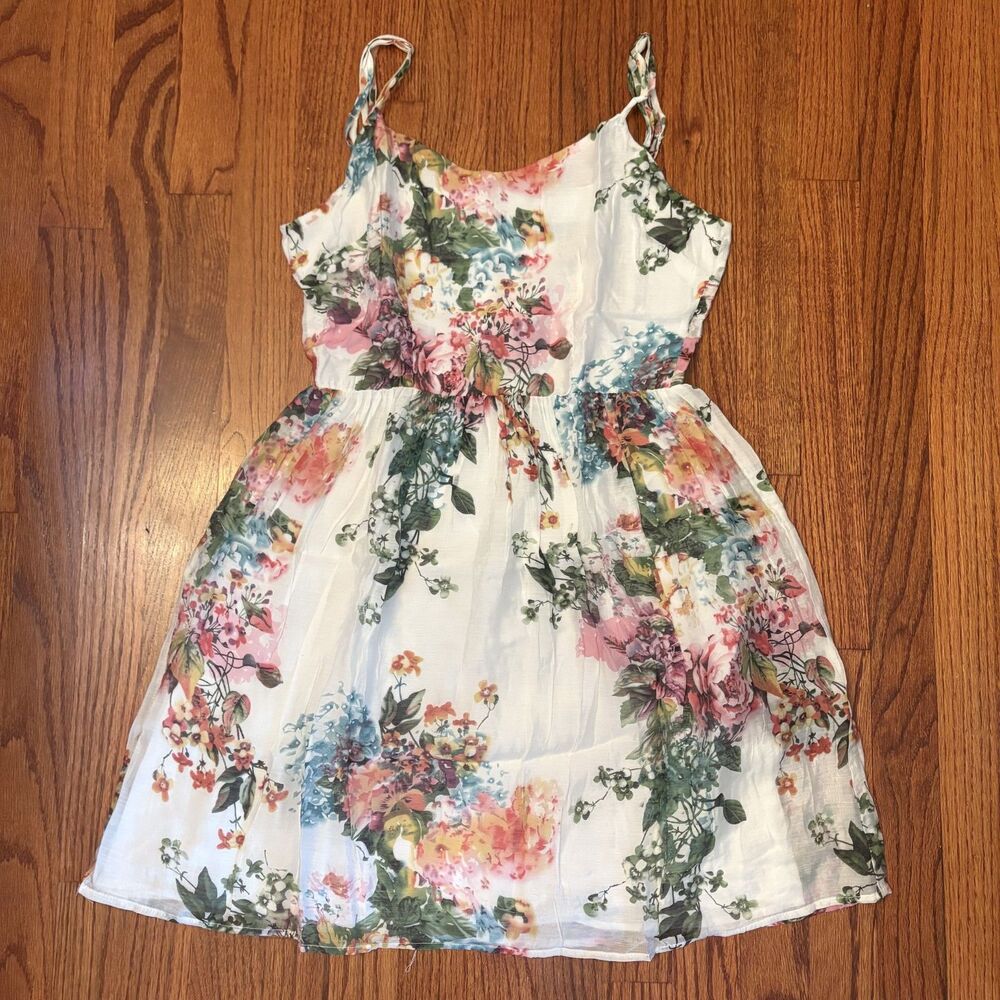 AQUA Womens L White Multicolor Floral Fit & Flare Spaghetti Strap Dress